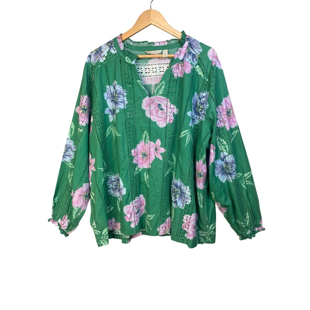 AnyBody Floral Eyelet Blouse Womens 2X Green Boho‎ Peasant Cottage Shabby Chic